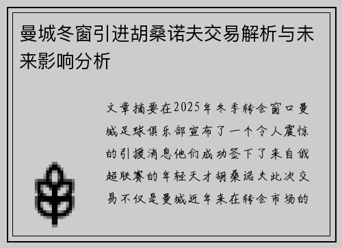 曼城冬窗引进胡桑诺夫交易解析与未来影响分析 曼城冬窗引进胡桑诺夫交易解析与未来影响分析