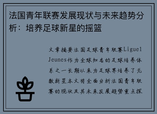 法国青年联赛发展现状与未来趋势分析:培养足球新星的摇篮 法国青年联赛发展现状与未来趋势分析:培养足球新星的摇篮