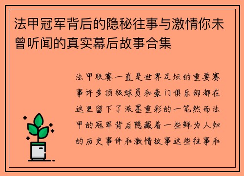 法甲冠军背后的隐秘往事与激情你未曾听闻的真实幕后故事合集