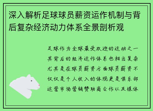 深入解析足球球员薪资运作机制与背后复杂经济动力体系全景剖析观