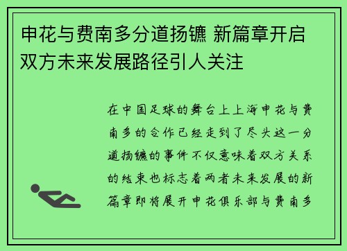 申花与费南多分道扬镳 新篇章开启 双方未来发展路径引人关注 申花与费南多分道扬镳 新篇章开启 双方未来发展路径引人关注